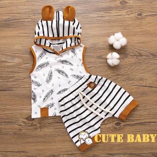 Baby Boys Girls Summer Hooded Tops T-shirt +Striped Shorts 2PCS Outfits