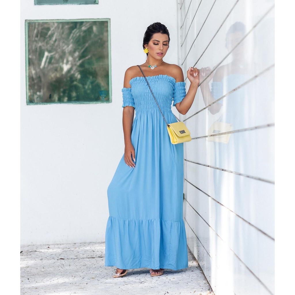 Vestido azul hot sale longo simples