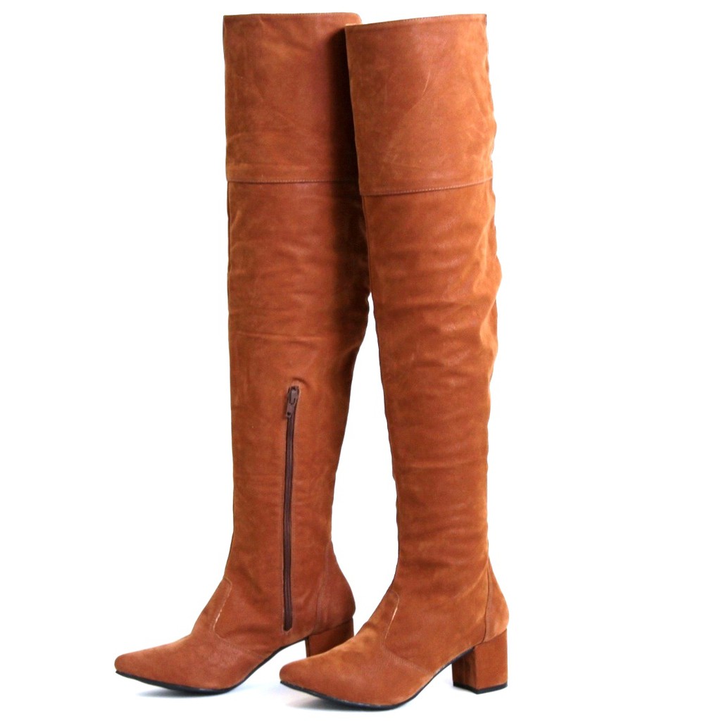 Bota Over The Knee Camurça Caramelo Cano Super Longo Na Coxa Salto 6cm ...