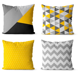 Kit 4 capas de almofadas triângulos amarelo e cinza