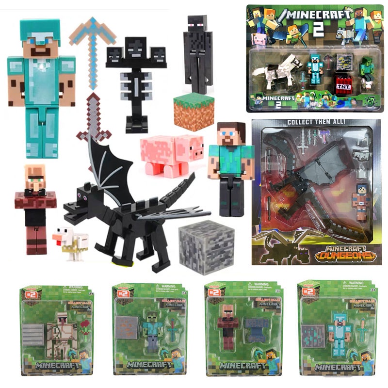 Kit 7 Cartelado Minecraft Dragão com 35 Bonecos + 7 Bloco Ender Dragon  Brinquedo Bed Wars Zombie - Verde