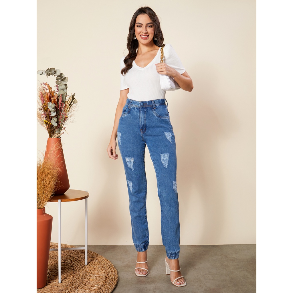 Calça jeans feminina com elastico 2024 no tornozelo