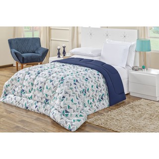 Edredom Queen Malha Algodao Quality Azul Geometrico