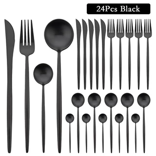 Faca De Garfo Matte Black 24Pcs Aço Inoxidável Conjunto De Talheres Para Jantar De Prata Com Cabo Redondo