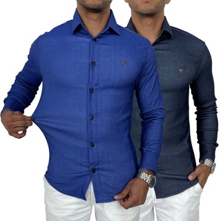 Camisas Kit 2(duas) Blusa Social Bengaline Jeans com Elastano Manga Longa Botão Estica Cumprida Longline Slim