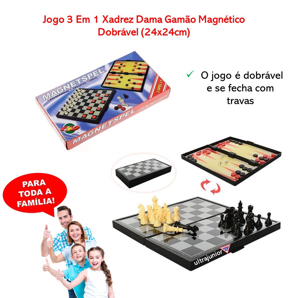 Jogo de tabuleiro 3 em 1 - Dama e Xadrez e gamão magnético