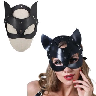 Máscara Mulher Gato Couro Fantasia Preta Halloween Cosplay