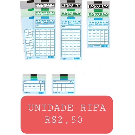 Cartela De Rifa Tamoio Kit 10 Unidades100 50 25 15 10 Nomescores Sortidas Enviados Conforme