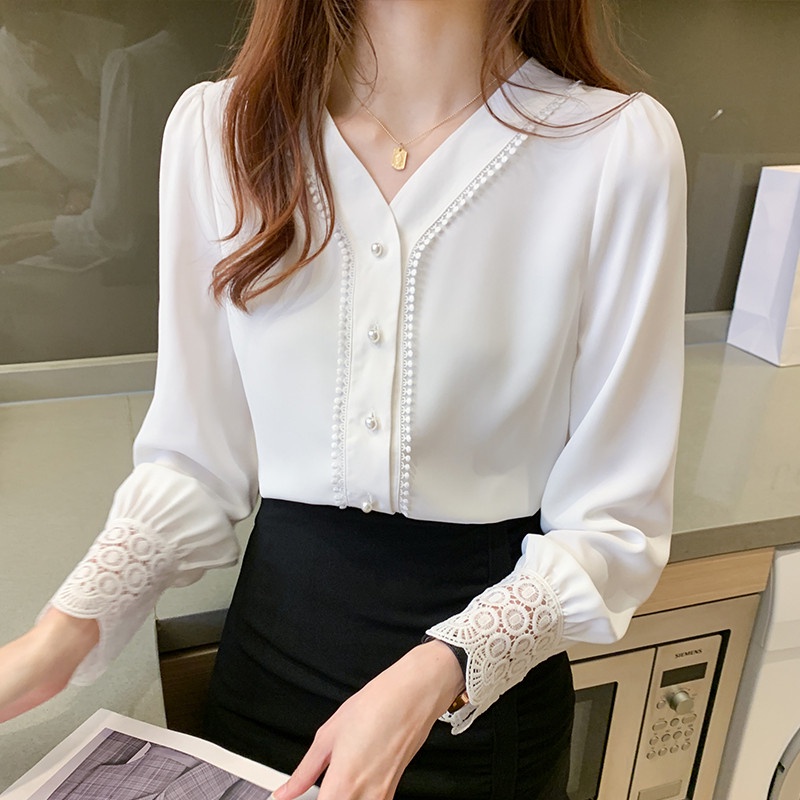 camisa femenina elegantes de escritório branca collared laço