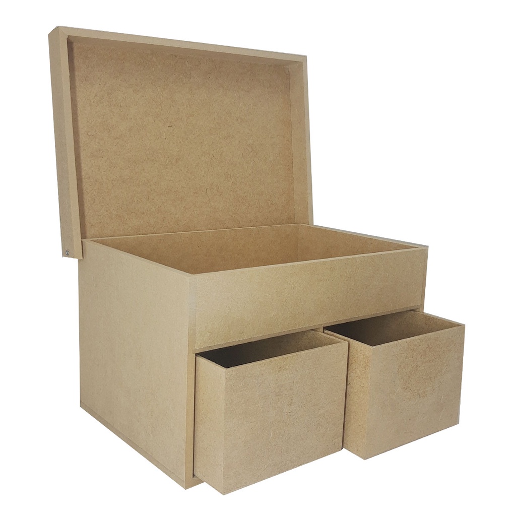 Caixa com Divisoria Tampa Dobradiça e Duas Gavetas 26x18x15 Mdf Madeira