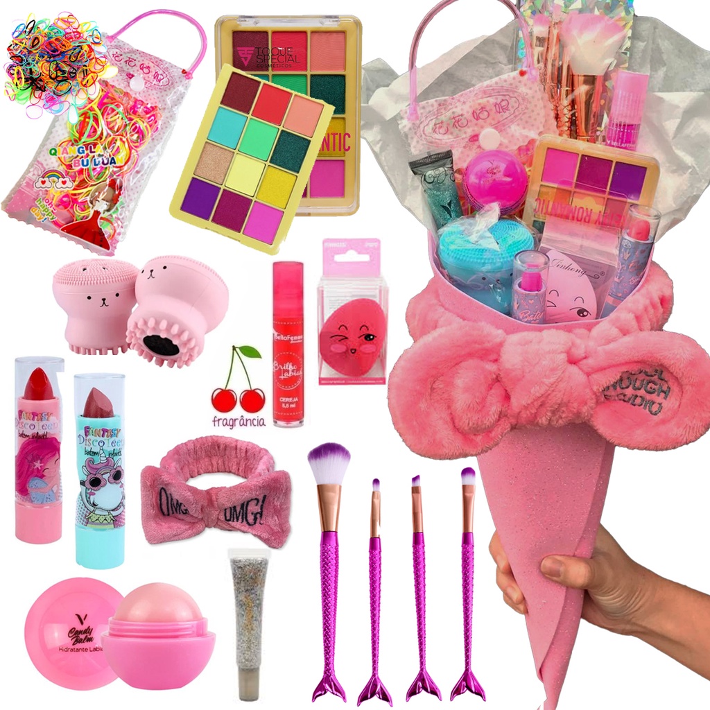 Kit de Maquiagem Infantil Criança Buquê Com Pincéis para Presente Dia ...
