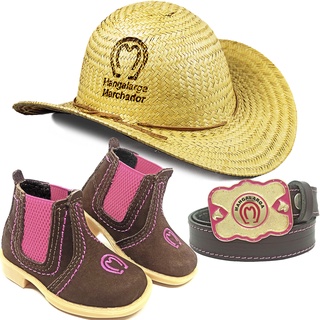 Kit Feminino Botina Rosa Country + Chapéu Palha + Cinto Couro CV