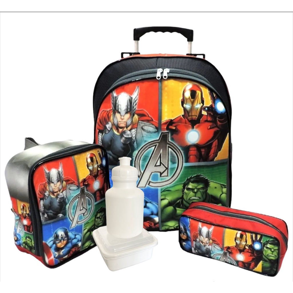 Kit Completo Mochila Infantil Vingadores Herois Rodinhas E Alças Tam G + Lancheira Termica F5