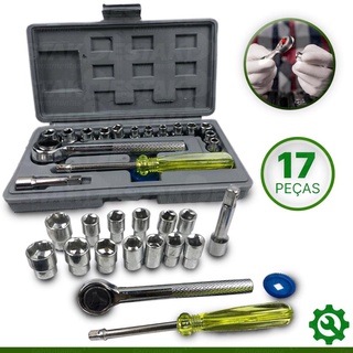 Kit Soquetes Chave Catraca Reversível Extensor 17 Peças Com Maleta