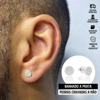 Brinco Masculino De Prata Redondo C/ Pedras Brilhantes Banhado a Prata 925 Italiana Brinco Cravejado em Oferta na Shopee