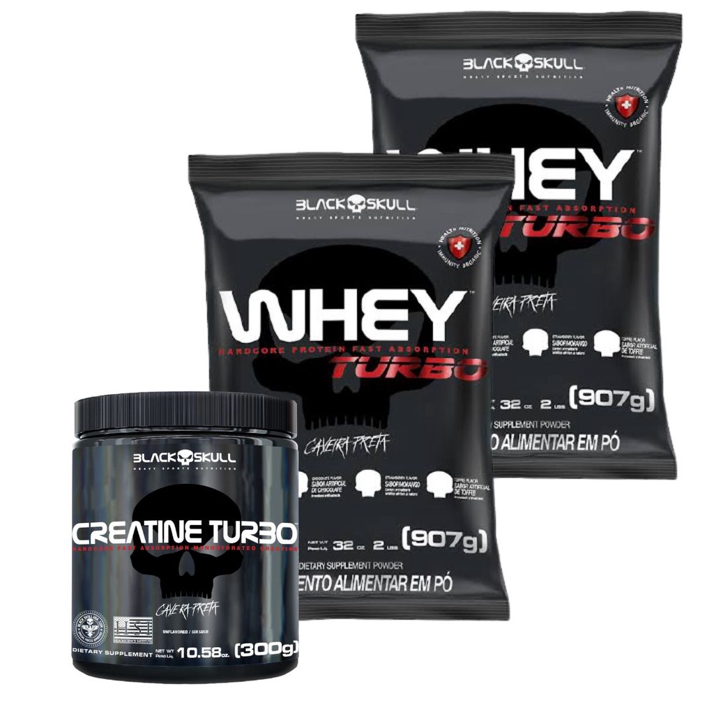 Kit 2x Whey Turbo 907g (cada) + 1x Creatina Turbo 300g - BlackSkull