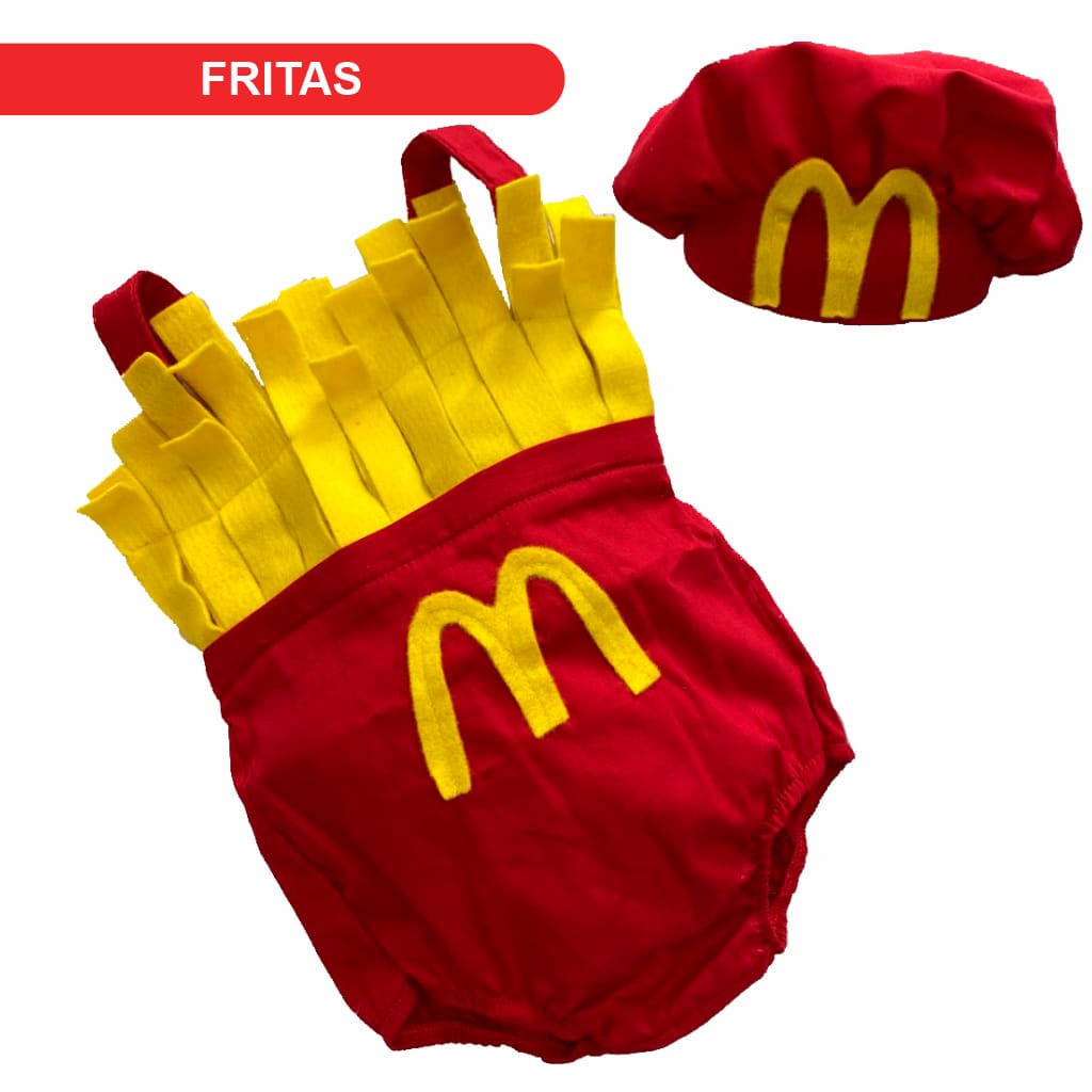 Roupa Batata Frita Romper Bebê Fantasia Inspiração Mc Donalds para Mesversário, Aniversário, Sessão de fotos