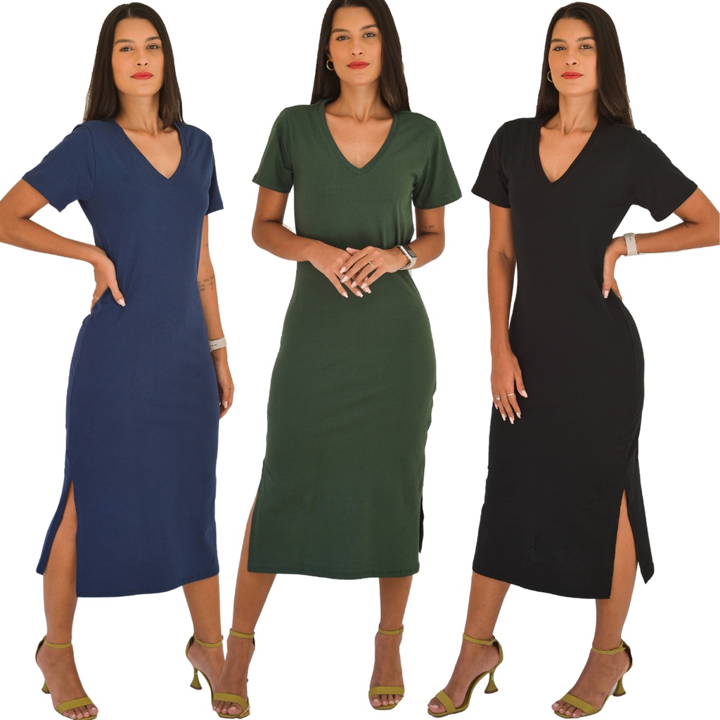 Vestido Midi Gola V malha 100% Algodão Moda Evangélica