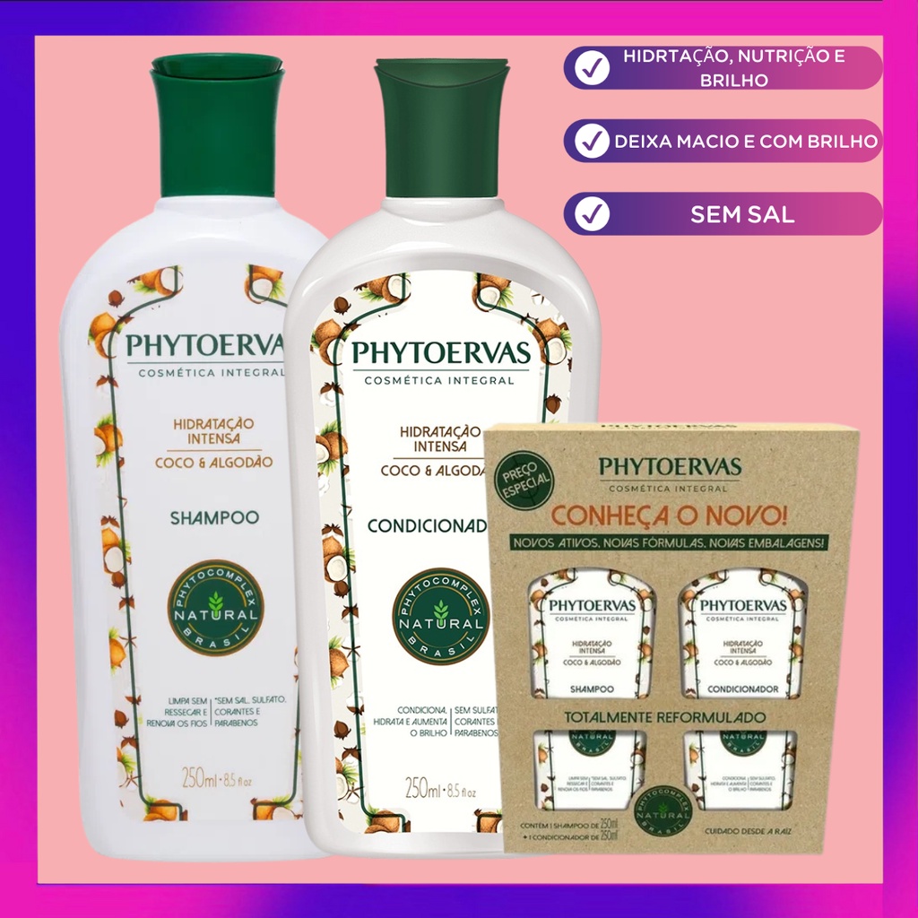 Kit Shampoo Phytoervas 250ml Hidratação Intensa + Condicionador Coco E  Algodão