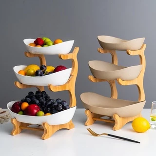 Prato De Bambu Com Três Camadas Para Lanches