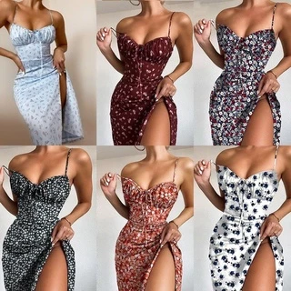 Sexy Estampa Floral Vestido Com Amarrar Cintura Alta Suspensório Vestidos Longos Para Mulheres Verão De Praia Casual