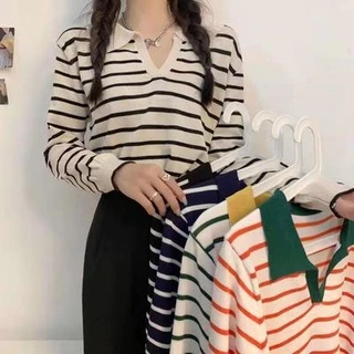 Manga Comprida Gola Polo Retro Tops All-match Camiseta Listrada Pulôver De Malha