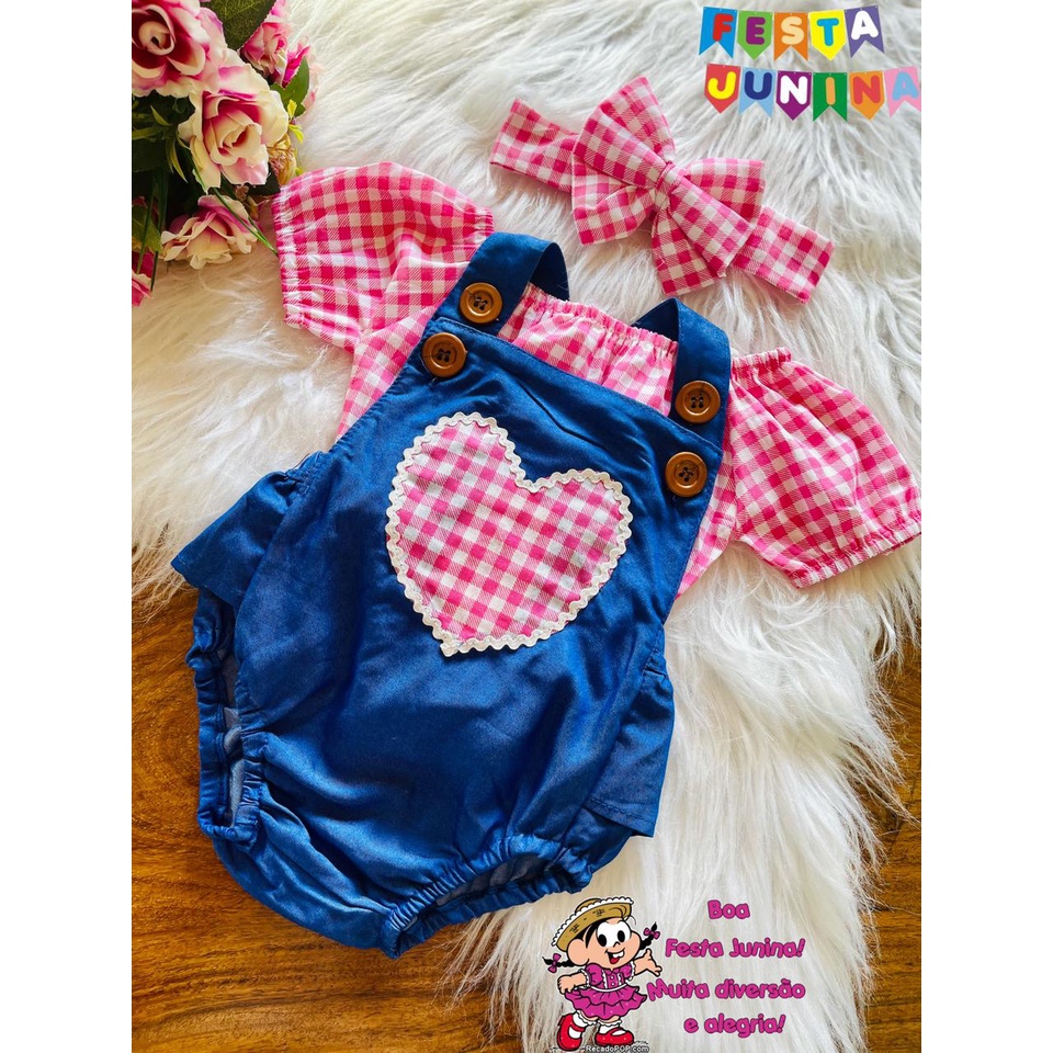 Jardineira Conjunto Romper Ciganinha Menina Fazendinha Xadrez Pascoa Festa Junina Rosa Vermelho Body Bebe 3 peças Blogueirinha Ensaio Fotografico Presente Baby