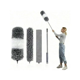 1 Conjunto , Espanador De Microfibra Com Haste De Extensão Retrátil , 3 Cabeças De Escova Substituíveis , Reutilizável Para Remoção De Pó Dobrável Leve Lavável , Limpador De Teto Do Ventilador