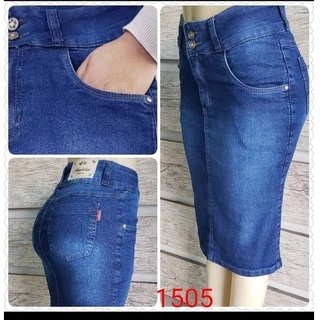 Saia evangelica longa jeans azul com bolso na frente