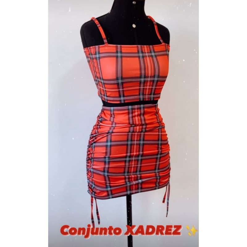 Conjunto xadrez cropped + saia moda gringa shein (vermelho/amarelo/preto)