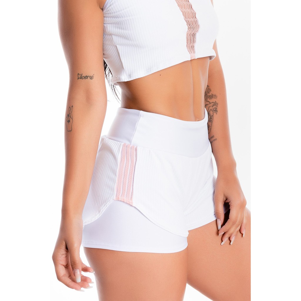 Short Saia Corrida Branco Liso Detalhe Rose Roupas Fitness Academia Feminina