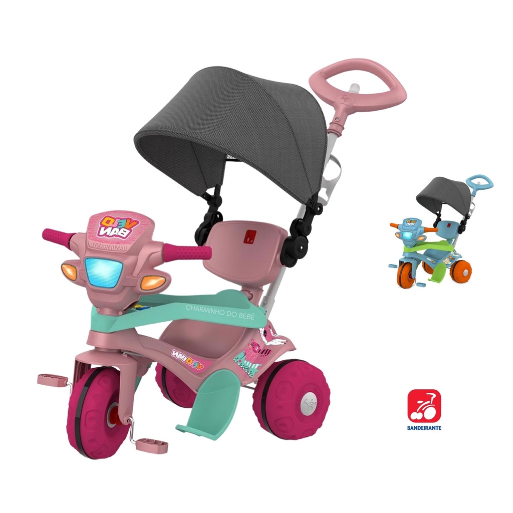 Triciclo Motoca Infantil Passeio com Empurrador Pedal Capota - Sua