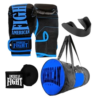 Kit Boxe Muay Thai Luva Bolsa Bandagem Bucal American Fight - Azul
