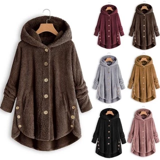 Plus size Casaco feminino sobretudo de inverno/ de frio teddy de lã com capuz quente de pelúcia cor sólida cardigan moda casual P-5XG