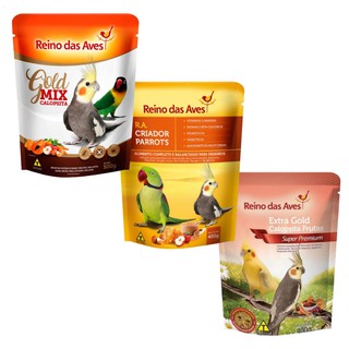 KIT CALOPSITA GOLD MIX 500g 1un + RA CRIADOR PARROTS 400g 1un + EXTRA GOLD CALOPSITA FRUTAS 400g 1un - Reino das Aves