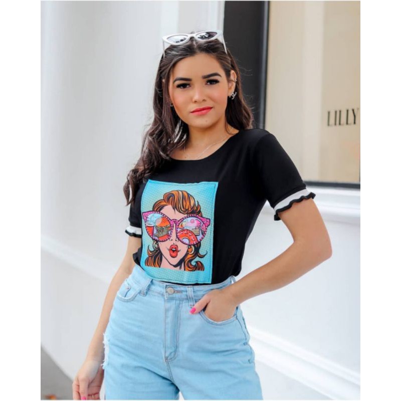 camiseta feminina T-shirts Manga Punho