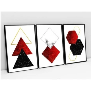 Quadro Decorativo Kit 03 Peças 20x30 Elementos Geométricos Detalhes Vermelho e Preto Para Sala Quarto Escritório Sem Moldura
