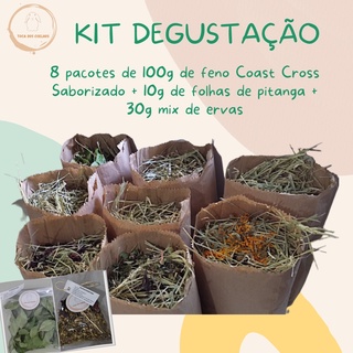Kit Degustação - 8 pacotes de 100g de Feno Coast Cross Saborizado + 10g folhas de pitanga + 30g mix de ervas desidratadas