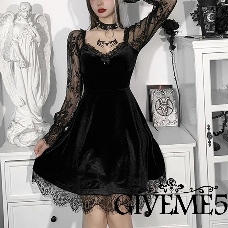 GIVEME-Velour Vestidos Estéticos Góticos Vintage De Renda Feminina Grunge Black Vestido De Manga Longa Linha A Festa De Outono