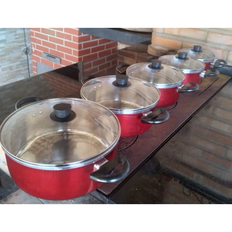 Conjunto 5 Panelas Alumínio Tampa Vidro Linha Cozinha Chicky Cor Vermelho  (Caçarolas Luxo, Panela Nova na Sua Cozinha)