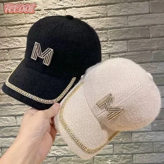FEEDDI Chapéu feminino outono e inverno versátilinsBoné de beisebol misturado com pele de coelho quenteDPalavra cravejada de diamante boné