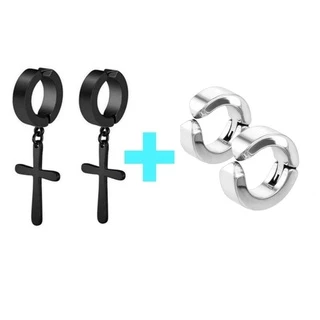 Kit 2 pares De Brinco Pressão Cruz Preta e Argola Prata Masculino Feminino