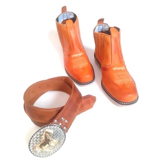 botina wrangler couro legítimo mais cinto country com fivela grande.