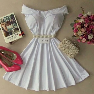 Vestido Branco Curto Rodado Ombro A Ombro Casamento Civil