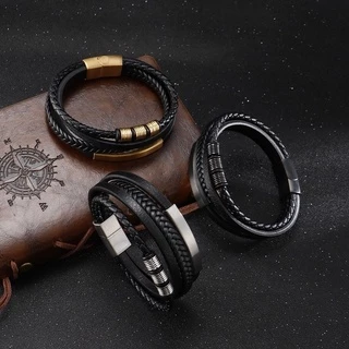 1 Pçs Retro Moda Masculina De Aço Inoxidável Hip Hop Gótico Rock Multi Camada Couro Fivela Magnética Pulseira Jóias