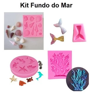 Kit 4 Moldes de Silicone Conchas, Cauda de Sereia Mini, Animais Marinhos Mini e Alga Marinha/Coral - Molde de Silicone Tema Fundo do Mar para Artesanato e Confeitaria
