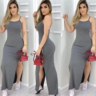 Vestido Regata Longo Alça Fina Com Fenda Na Lateral