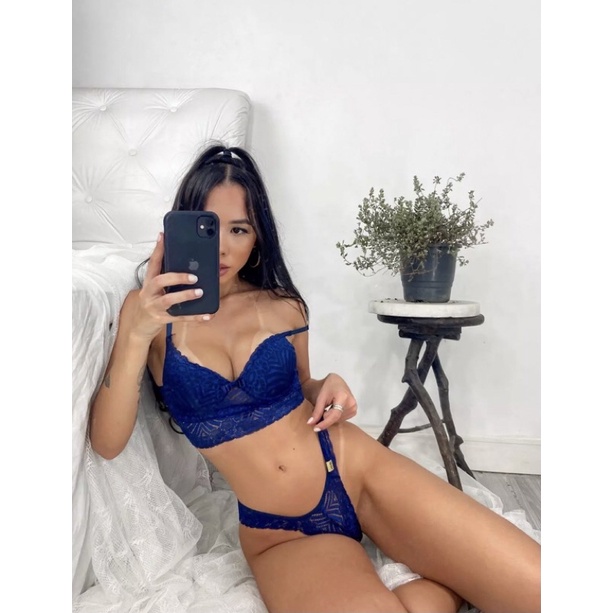 Conjunto Lingerie Sexy Azul Marinho de renda com bojo