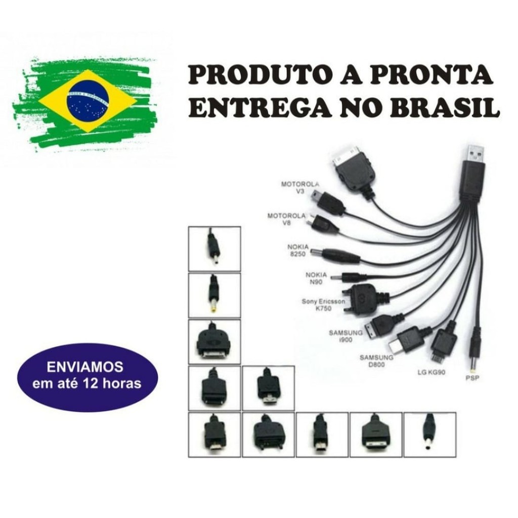 Carregador usb Para Telefones Celulares universal 10x1!