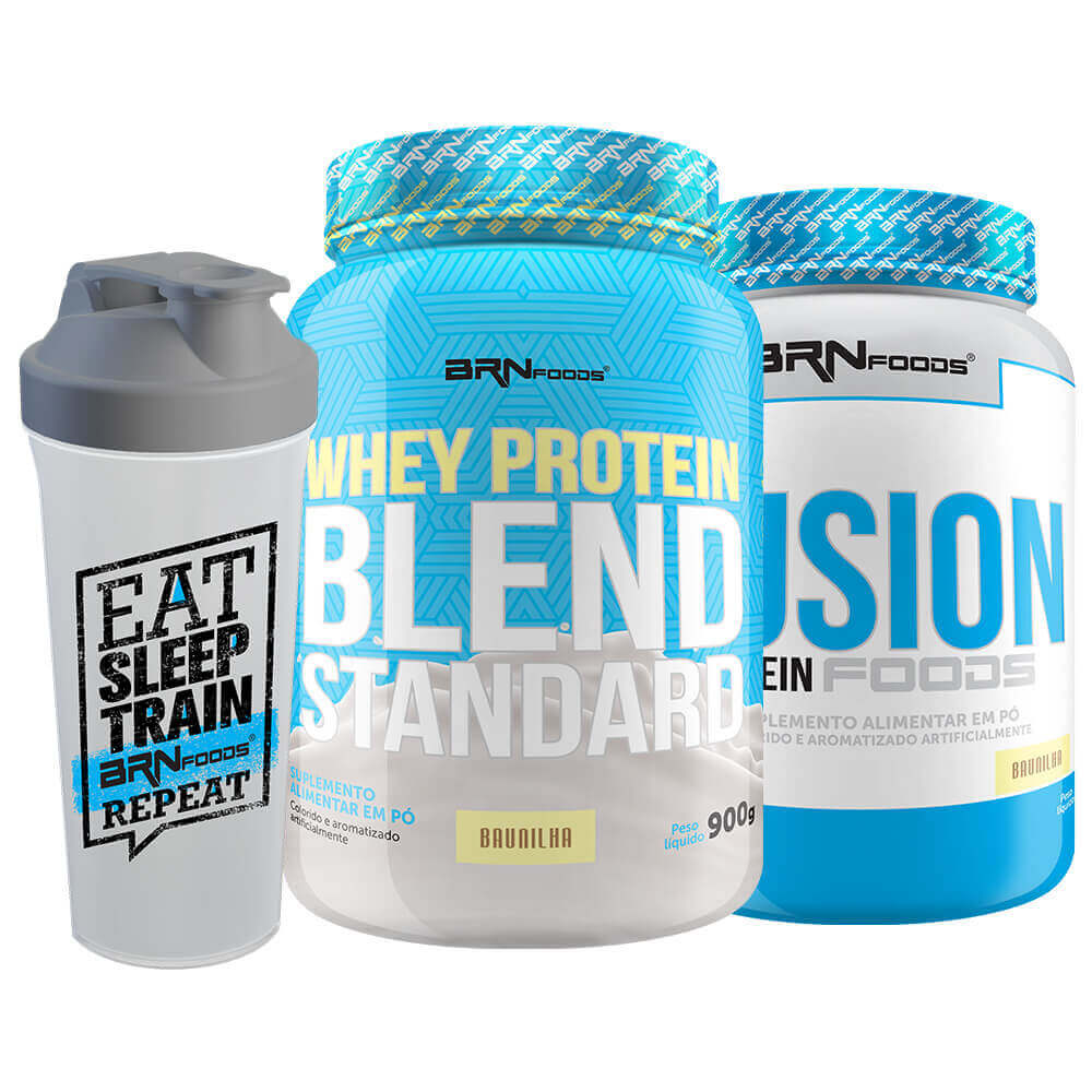 Kit Whey Protein Fusion 900g Bau + Whey Protein Standard 900g Bau + Coqueteleira – BRNFOODS